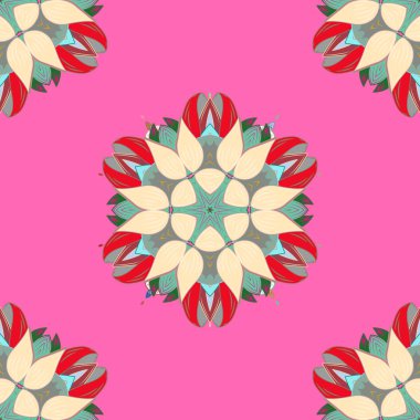 Vektör süslü zentangle sorunsuz doku, desen soyut çiçek mandalalar pembe, bej ve kırmızı renkler ile. Duvar kağıdı için web sayfasını kullanabilirsiniz. Yaz Dikişsiz desen stilize çiçeklerle.