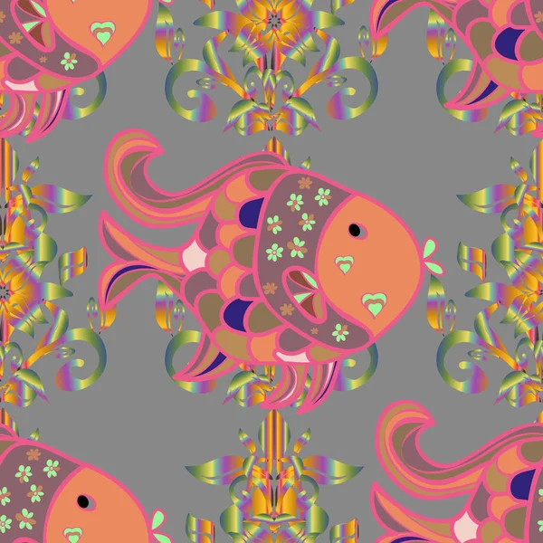 Vektör çizim. Sorunsuz. Balık farklı türleri. Gri, pembe ve turuncu renkler üzerinde sevimli balıklar. Tatlı su balık seti.