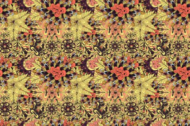 Yumuşak kumaş deseni. Kusursuz soyut ve ilginç bir arkaplan. Sarı, siyah, kahverengi, turuncu ve bej renkli. Raster. Karalama deseni.