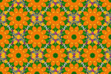 Egzotik çiçekler, turuncu, yeşil, sarı ve siyah renkler üzerine botanik, parlak klasik doğa. Raster illüstrasyonu. Klasik tropikal doğal elementlerin suluboya seti.