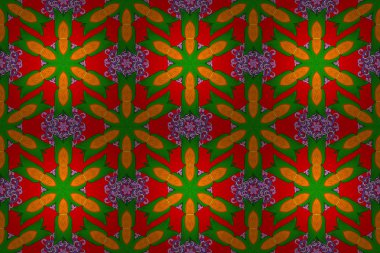 Yeşil, kırmızı ve turuncu renklerde karmaşık renkli Arabesk. Raster soyut renkli mandala.