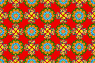 Yeşil, kırmızı ve turuncu. Raster illüstrasyonu. Suluboya balık deseni. Kusursuz..