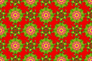 Mandala kırmızı, yeşil ve sarı renkli. Davetiye kartı. Raster bağbozumu deseni.