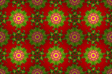 Raster Yuvarlak Süs Şablonu. İslam 'ın, Arapça' nın, Hint dinlerinin ruhani ve ayinsel sembolü. Küresel renklerde geometrik daire ögesi. Mandala kırmızı, yeşil ve sarı renkler üzerine.