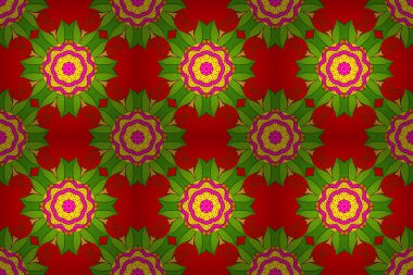 Raster illüstrasyonu. Yeşil, kırmızı ve sarı renkte renkli, yuvarlak çiçekli mandala. Tekstil, davetiyeler, afişler ve diğerleri için.