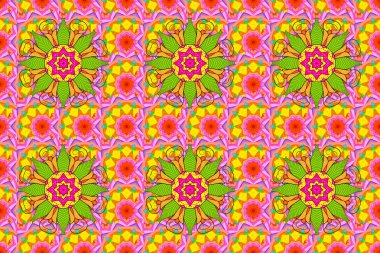 Stres önleyici terapi kalıbı. Raster, turuncu, sarı ve pembe renkli Mandala çizgisi. Dekoratif yuvarlak süs. Tasarım elementi. Yoga logosu, arka plan. Sıra dışı çiçek şekilli oryantal hat.