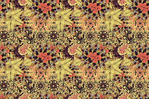 Yumuşak kumaş deseni. Kusursuz soyut ve ilginç bir arkaplan. Sarı, siyah, kahverengi, turuncu ve bej renkli. Raster. Karalama deseni.