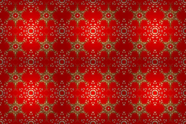 Raster golden pattern. Red, brown and white colors with gold elements. Seamless golden textured curls. Oriental style arabesques. Raster illustration.