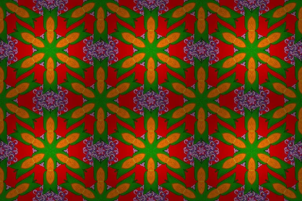 Yeşil, kırmızı ve turuncu renklerde karmaşık renkli Arabesk. Raster soyut renkli mandala.