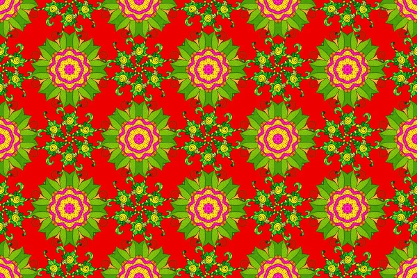 Mandala kırmızı, yeşil ve sarı renkli. Davetiye kartı. Raster bağbozumu deseni.