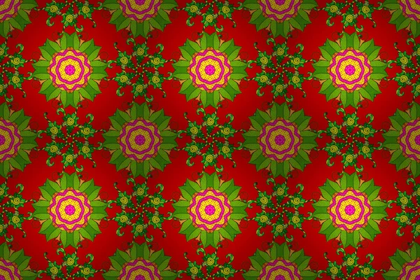 Raster Yuvarlak Süs Şablonu. İslam 'ın, Arapça' nın, Hint dinlerinin ruhani ve ayinsel sembolü. Küresel renklerde geometrik daire ögesi. Mandala kırmızı, yeşil ve sarı renkler üzerine.