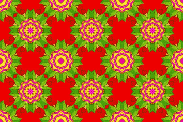 Yeşil, kırmızı ve sarı renkler. Mandala raster çiçekli oryantal boyama kitabı sayfa şablon halısı. Çiçeklerle kusursuz desen.