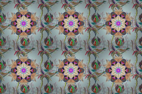 İslam 'ın, Arapça' nın, Hint dinlerinin ruhani ve ayinsel sembolü. Küresel renklerde geometrik daire ögesi. Tarafsız, bej, gri, mor ve mavi renkler üzerine mandala. Raster Yuvarlak Süs Şablonu.