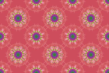 Sanat, yuvarlak, pembe, bej, menekşe, yeşil ve siyah renkte renkli bir süs. Süslü, doğu mandala renkli hatlarıyla.