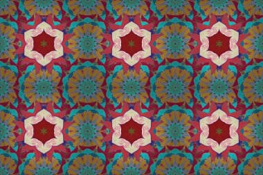 Renkli Bahar Temalı Kusursuz Arkaplan. Mavi, sarı, bej, kırmızı ve morumsu renkte çiçekler. Düz Çiçek Elementleri Tasarımı. Çiçekle kusursuz desen.