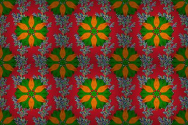 Dekoratif yuvarlak süs. Raster, Mandala 'yı kırmızı, yeşil ve turuncu renklerle özetliyor. Stres önleyici terapi kalıbı. Sıra dışı çiçek şekilli oryantal hat. Yoga logosu, meditasyon posteri için arka plan.