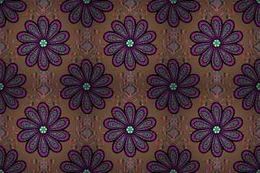 Çocuksu tasarım. Kahverengi, siyah ve gri arka planda. Tekstil, kumaş, ambalaj, hatıra defteri için hoş bir çiçek arkaplanı. Elle çizilmiş karalama çiçekleri ile pürüzsüz desen.