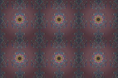 Çiçek mandala kusursuz desen. Raster Etnik Doğu Çemberi Süslemesi. İslam, Arapça, Hintçe, sedir motifleri pembe, mavi ve gri renklerde.