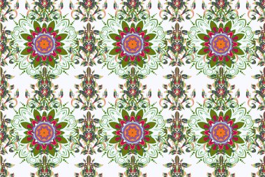 Renkli elementler. Soyut raster dekoratif etnik mandala pürüzsüz desen. Tarafsız, yeşil ve kahverengi renkler.