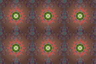 Kahverengi, pembe ve nötr renklerde Arap mandala deseni. Etnik doku. Doğu, İslam, Hintli, motifler. Renkli. Düğün, tatil kartı. Klasik raster dekoratif süs. Doğu, simetri danteli, kumaş