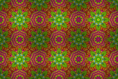 Yeşil, sarı ve morumsu renklerde dekoratif unsurlar. Kabile, Boho, Bohem tarzı, flaş dövme için. Raster renkli Mandala.