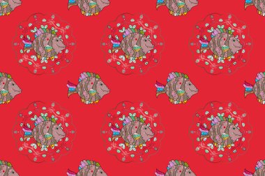 Modaya uygun klasik nakış tropikal deniz, balıklar. Deniz tropik balıkları. Nakış işlemeli deniz yaşamı koleksiyonu. Raster skeci. Kıyafet tasarımı için modaya uygun bir şablon. Kırmızı, nötr ve bej. Kusursuz..