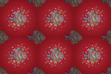 Kırmızı, nötr ve bej. Kusursuz. Raster illüstrasyonu. Suluboya balık deseni.