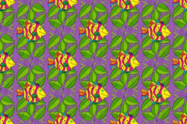 Yeşil, mor ve sarı. Raster. Klasik nakış, tropikal deniz, dalga, balıklar, mercanlar, kusursuz moda. Şık kıyafetler. Nakışlı deniz yaşamı, deniz, tropikal balıklar dikişsiz desen.