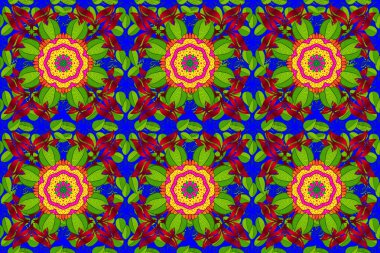 Parlak renkli çiçekleri ve yeşil, kırmızı ve mavi renkte yaprakları olan şaşırtıcı, pürüzsüz çiçek deseni. Halk tarzı. Modern çiçek arkaplanı. Moda baskıları için zarif bir şablon.