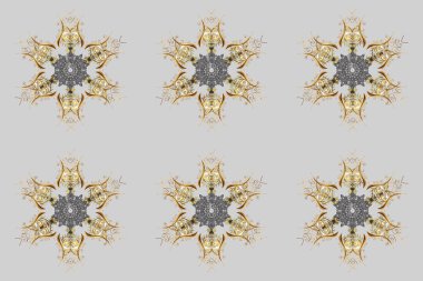 Gri, kahverengi ve bej renklerde şirin soyut kar tanesi raster tasarımı. Düz kar karalama ikonları, yılbaşı afişi için kar taneleri silueti, kartlar. Yeni yıl kar tanesi.