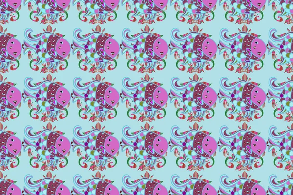 Çocuklar arka planda. Tarafsız, mavi ve pembe balıklar. Raster illüstrasyonu. Şirin balık. Balıklarla kusursuz desen.