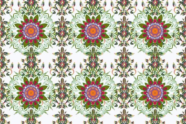 Renkli elementler. Soyut raster dekoratif etnik mandala pürüzsüz desen. Tarafsız, yeşil ve kahverengi renkler.