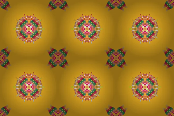 Díszítés Sárga Rózsaszín Zöld Színű Kártya Mandala Geometrikus Kör Raszter — Stock Fotó