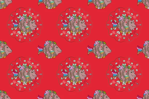 Modaya uygun klasik nakış tropikal deniz, balıklar. Deniz tropik balıkları. Nakış işlemeli deniz yaşamı koleksiyonu. Raster skeci. Kıyafet tasarımı için modaya uygun bir şablon. Kırmızı, nötr ve bej. Kusursuz..