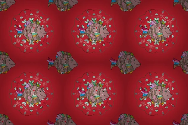 Kırmızı, nötr ve bej. Kusursuz. Raster illüstrasyonu. Suluboya balık deseni.