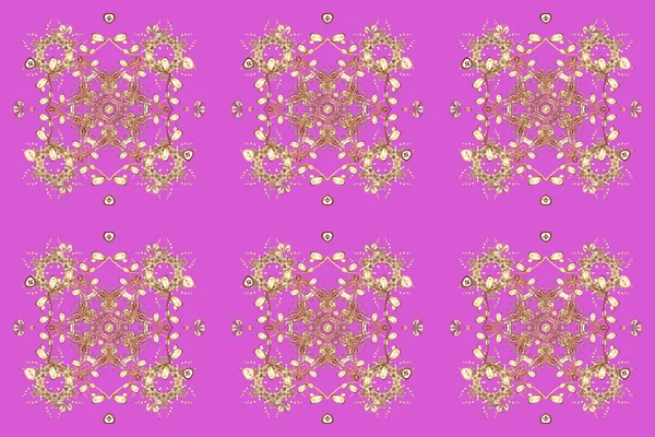Snowflakes pattern. Raster snowflakes background. Flat design with abstract snowflakes isolated on pink background. Golden snowflake.