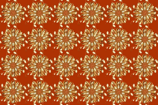 Seamless royal luxury golden baroque damask vintage. Raster seamless pattern with gold antique floral medieval decorative, leaves and golden pattern ornaments on orange, brown and beige colors.