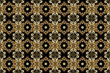 Klasik raster sarısı, kusursuz desen. Klasik klasik klasik arka plan. Siyah, kahverengi ve bej renklerde altın elementlerle kusursuz desen. Geleneksel oryantasyon süsü.