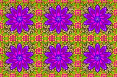 Küçük çiçekli kusursuz yay deseni. Raster illüstrasyonu. Sulu boya tarzında sarı, yeşil ve mor renkler üzerine.