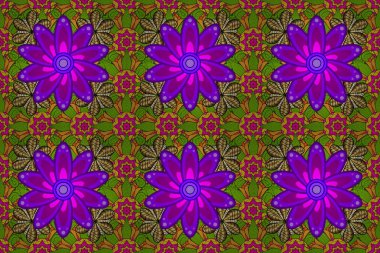 1950-1960 motifleri. Çiçekli ipek eşarp. Retro tekstil tasarım koleksiyonu. Sarı, yeşil ve mor renkler. El çizimi çiçek elementleriyle soyut, dikişsiz raster deseni..