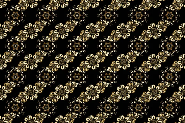 Golden pattern on black, brown and beige colors with golden elements. Seamless classic golden pattern. Raster traditional orient ornament.