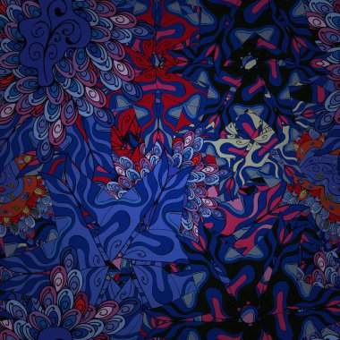 Sorunsuz yazdır. Vektör çizim. Öğeleri mavi, siyah, gri, pembe ve kırmızı renkler. Tasarım. Düz karalamalar. Şirin kumaş deseni.