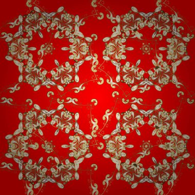 Kırmızı, kahverengi ve bej renkler altın elemanları ile Dikişsiz vintage desen. Noel, kar tanesi, yeni yıl. Kırmızı, kahverengi ve bej renkler altın elemanları ile altın seamless modeli.