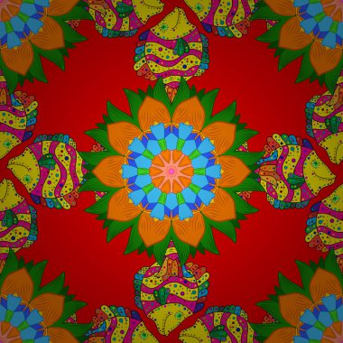 Vektör çizim. Turuncu, yeşil ve kırmızı üzerinde balıklar. Handdrawn. Balık tarzı doodle. Sorunsuz.