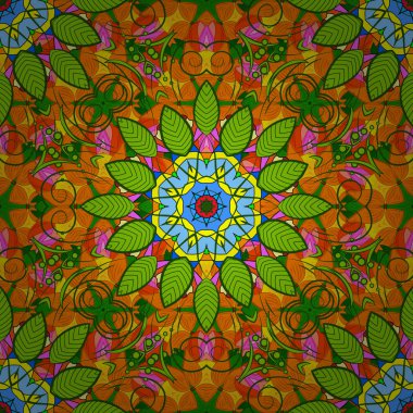 Yeşil, turuncu ve sarı renkli mehndi mandala vektör çizimi. Geleneksel Hint tarzı, kına dövmesi için süs çiçek öğeleri renkli çıkartmalar, mehndi ve yoga tasarım, kartları ve baskı.