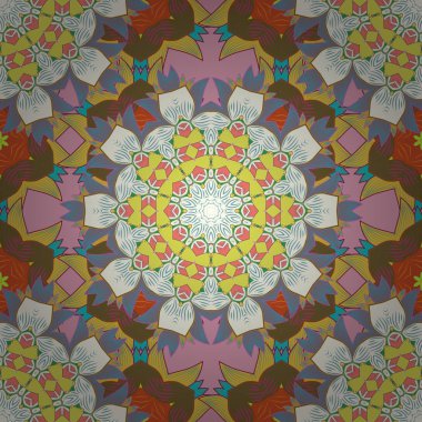 Vektör çiçek düğün dekoratif öğeler. Dikişsiz desen mehndi çiçek dantel buta dekorasyon öğelerle ilgili tarafsız, sarı, kahverengi, mavi ve pembe renkler.