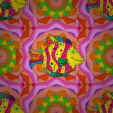 Sarı, turuncu ve pembe üzerinde vektör balıklar. Sorunsuz. Komik karikatür renkli balıklar.