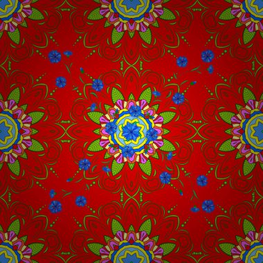 Vektör çizim. Vintage Barok mandala süsleme kırmızı, yeşil ve mavi renkler. Dekoratif öğe telkari hat. Retro desen antika stili akant.