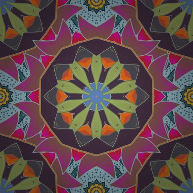 Renkli öğeleri. Soyut vektör dekoratif etnik mandala yarım yamalak seamless modeli. Mor, kahverengi, yeşil, gri ve nötr renkler.