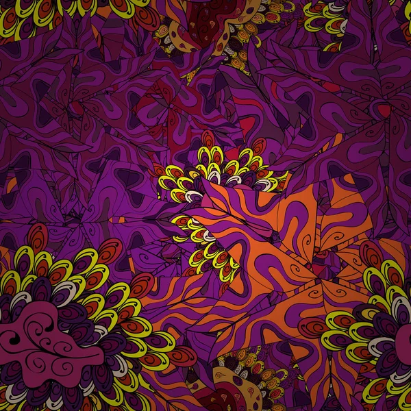 Şirin kumaş deseni. Tasarım. Düz karalamalar. Öğeleri mor, siyah, kırmızı, turuncu ve sarı renkler. Vektör çizim. Sorunsuz Yazdır.
